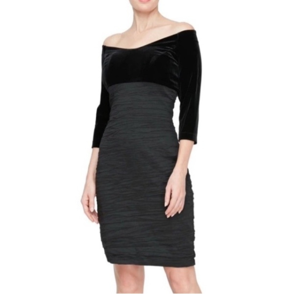 Alex Evenings Black‎ Off Shoulder Dress EUC Velvet Top Crinkled Skirt Back Zip 6